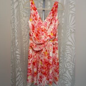 Ann Taylor Orange and Pink Ruched Sundress V-Neck Wedding Guest